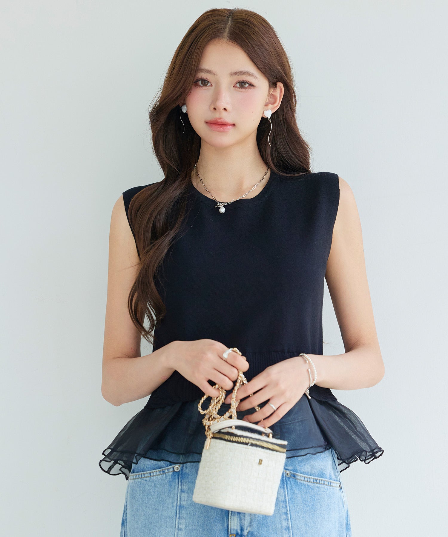 オーガンジーの切り替えドッキングプルオーバーsdp8132 ブラック