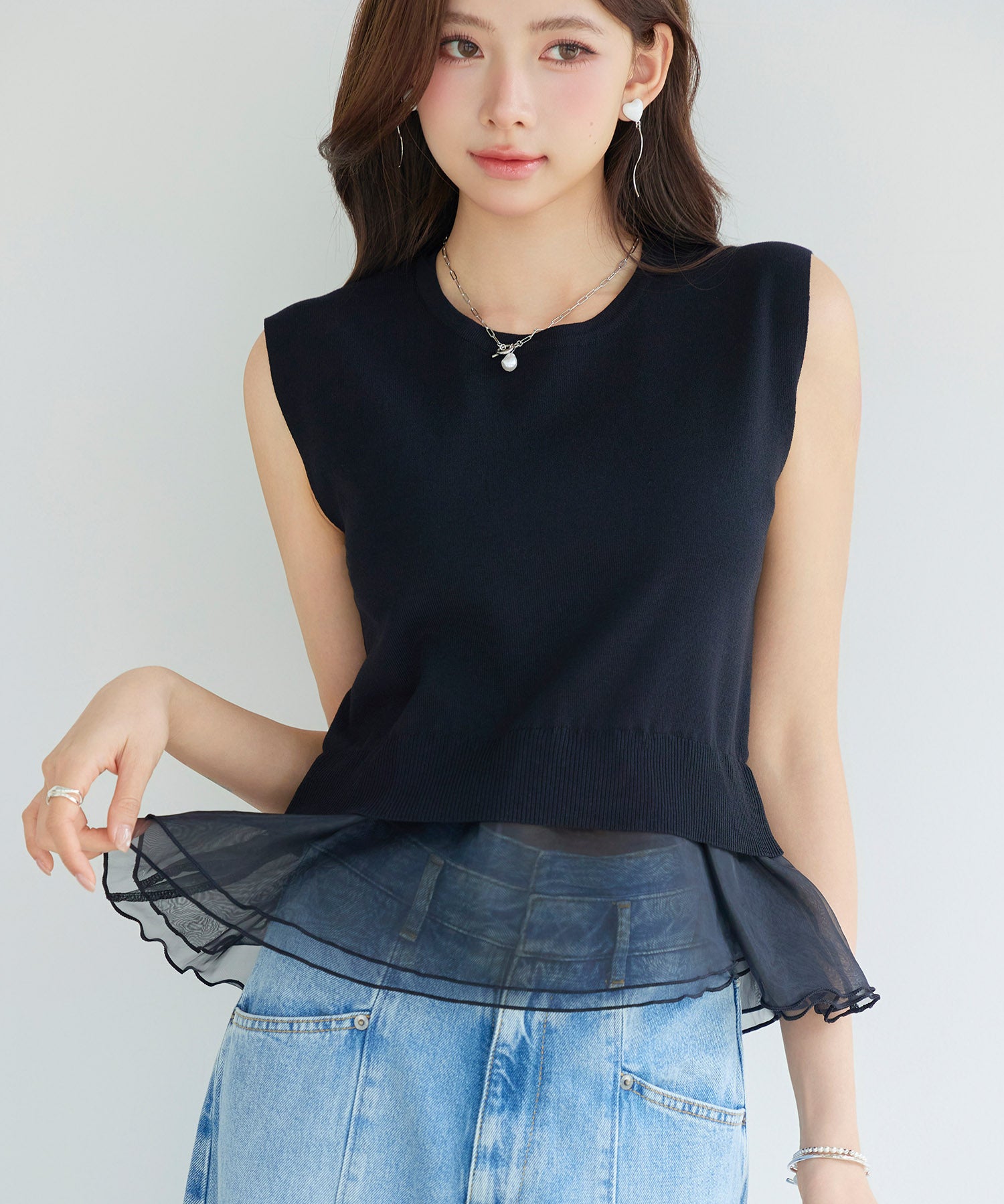 オーガンジーの切り替えドッキングプルオーバーsdp8132 ブラック