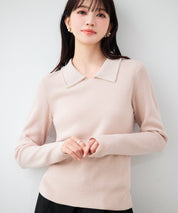パール襟が華やかなリブ編みニット