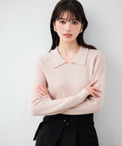 パール襟が華やかなリブ編みニット