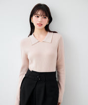 パール襟が華やかなリブ編みニット