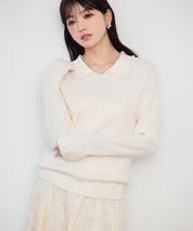 パール襟が華やかなリブ編みニット