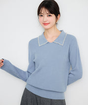パール襟が華やかなリブ編みニット