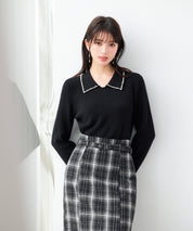 パール襟が華やかなリブ編みニット