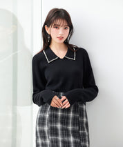 パール襟が華やかなリブ編みニット