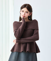 ワイド襟オフショルダーペプラムリブニット