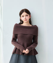 ワイド襟オフショルダーペプラムリブニット