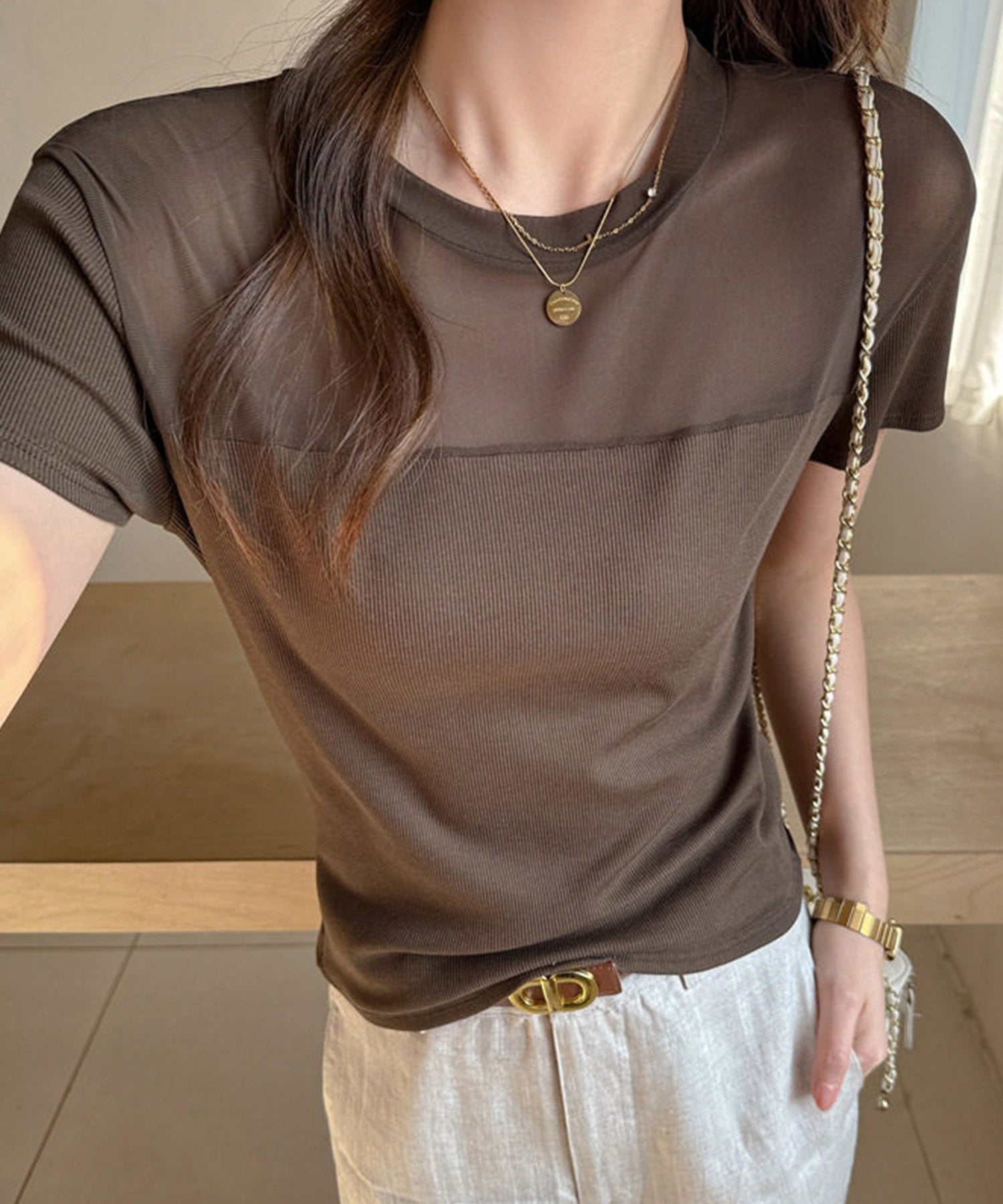 リブとチュールドッキングカットソーsdpal1008 ブラウン