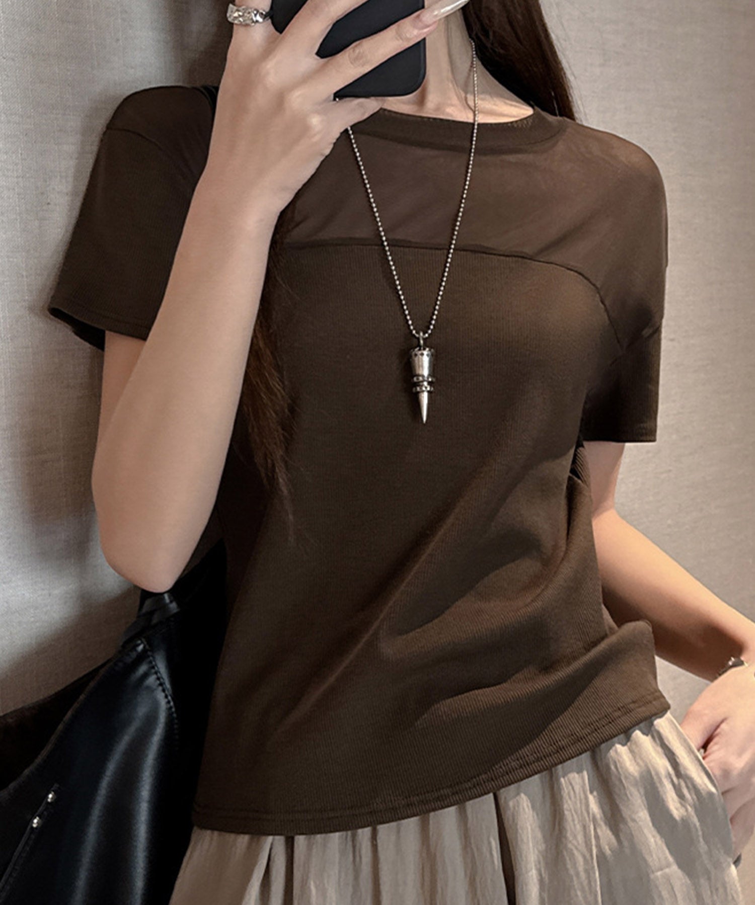 リブとチュールドッキングカットソーsdpal1008 ブラウン