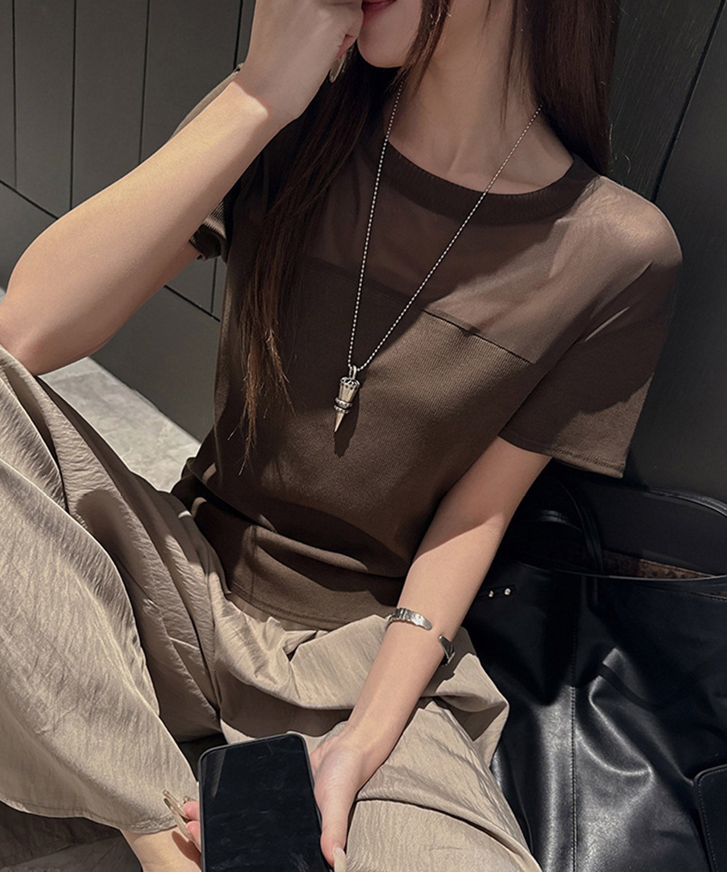 リブとチュールドッキングカットソーsdpal1008 ブラウン