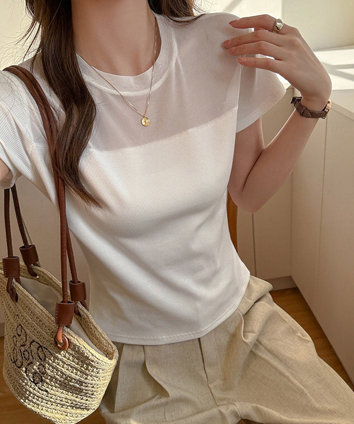 リブとチュールドッキングカットソーsdpal1008 ホワイト