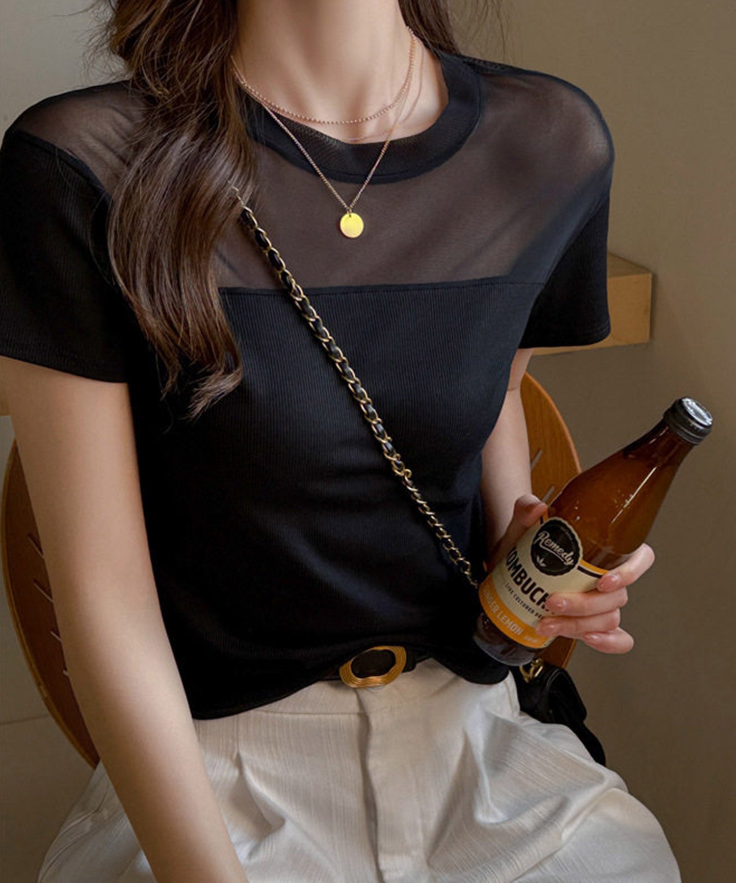 リブとチュールドッキングカットソーsdpal1008 ブラック