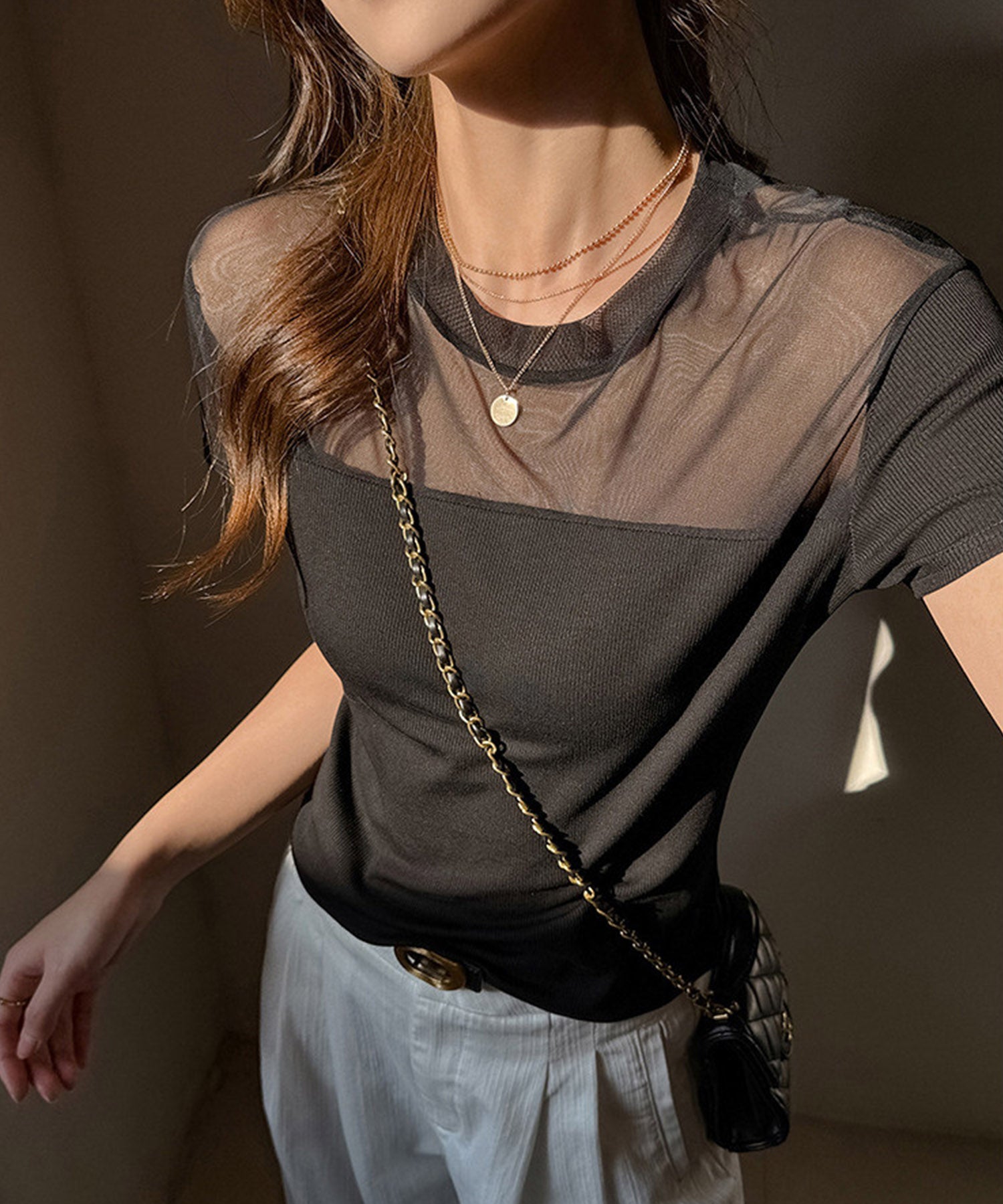 リブとチュールドッキングカットソーsdpal1008 ブラック