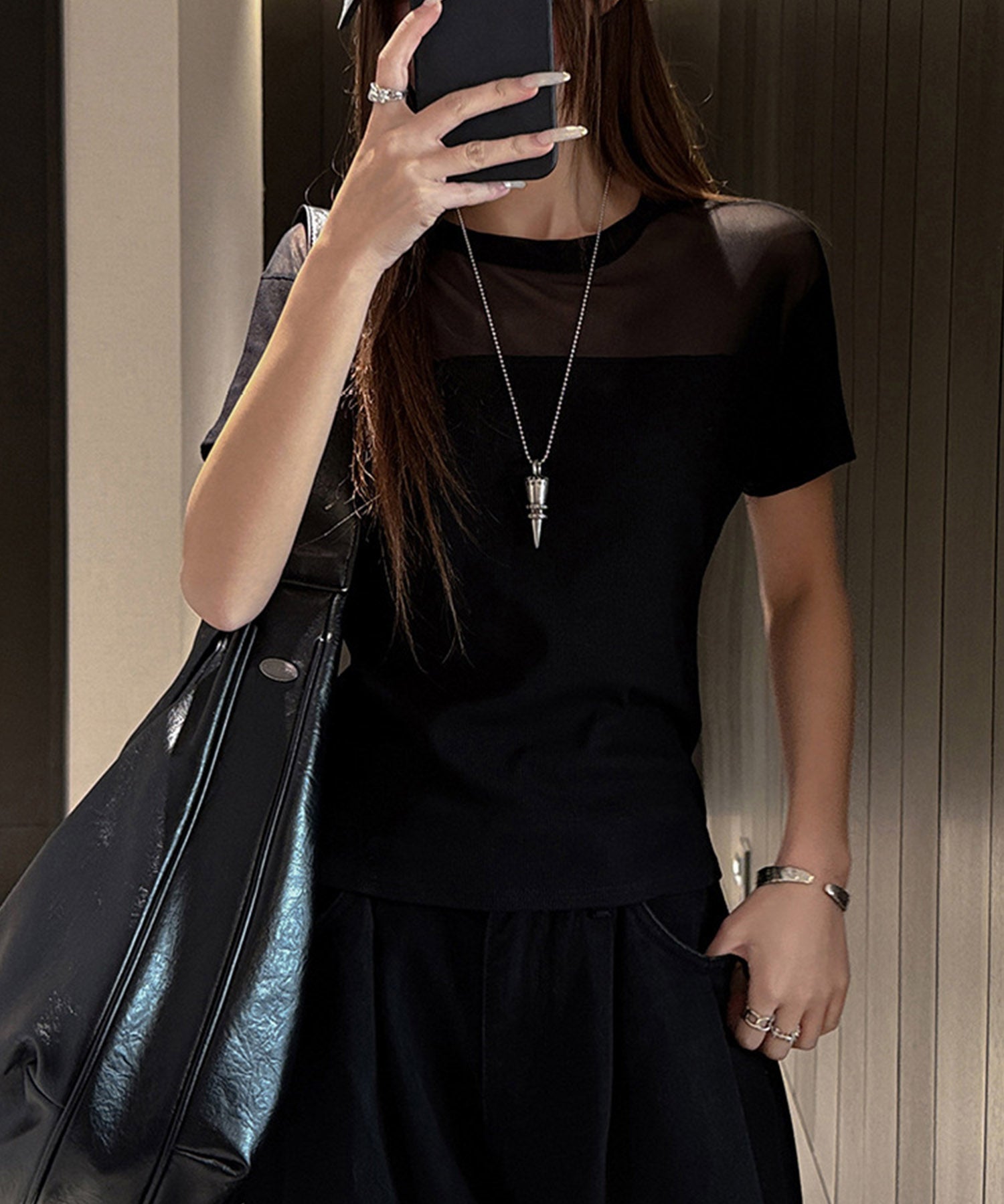 リブとチュールドッキングカットソーsdpal1008 ブラック