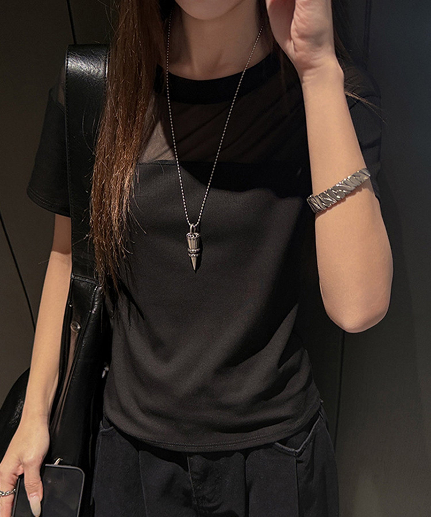 リブとチュールドッキングカットソーsdpal1008 ブラック