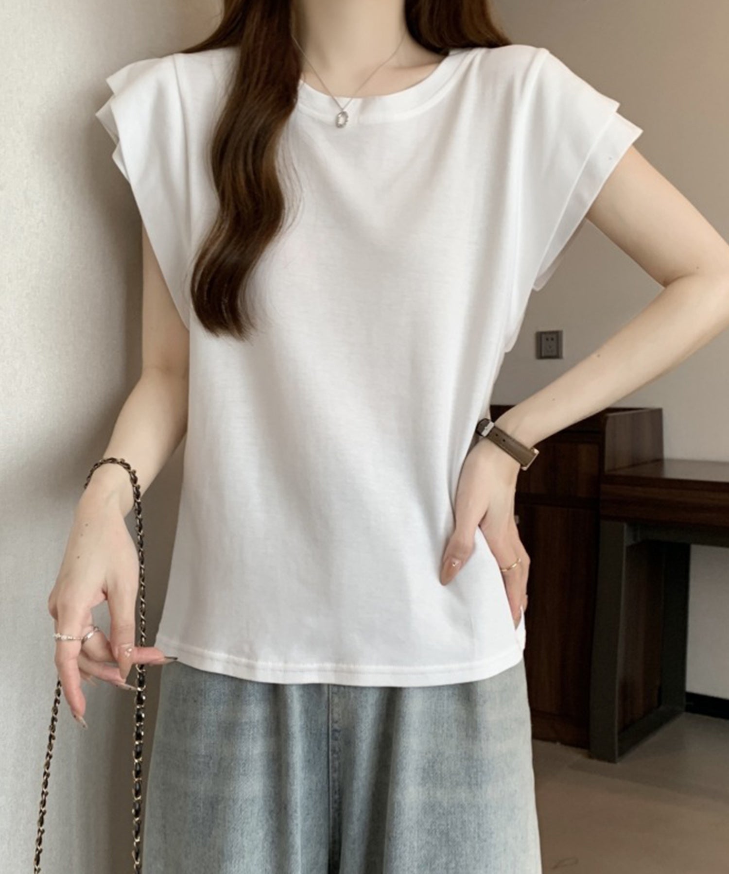 クルーネックダブルショルダーT シャツ。sdpal1019 ホワイト