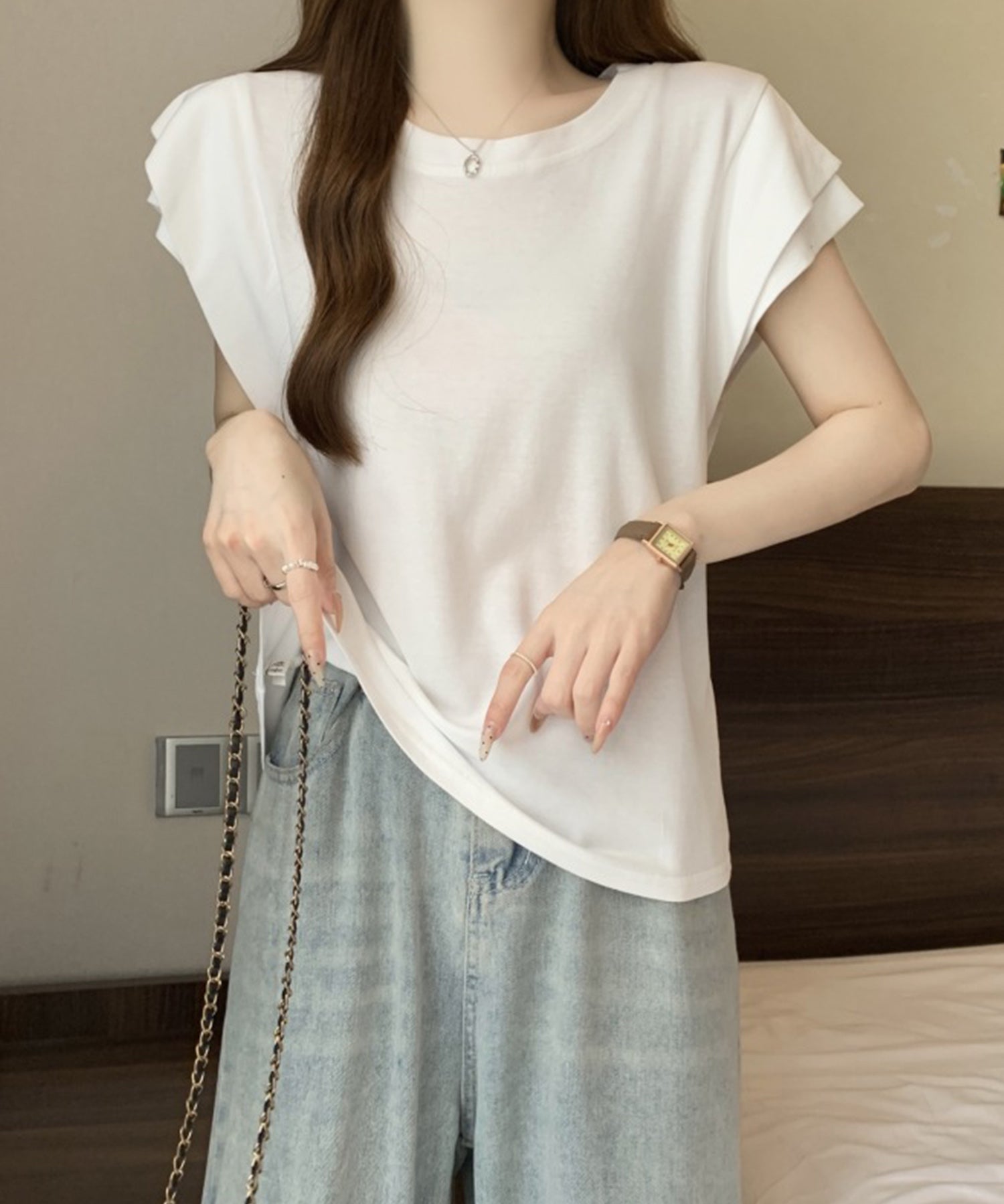 クルーネックダブルショルダーT シャツ。sdpal1019 ホワイト