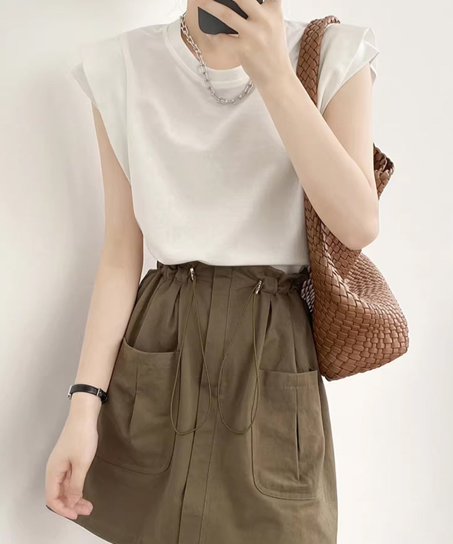 クルーネックダブルショルダーT シャツ。sdpal1019 ホワイト