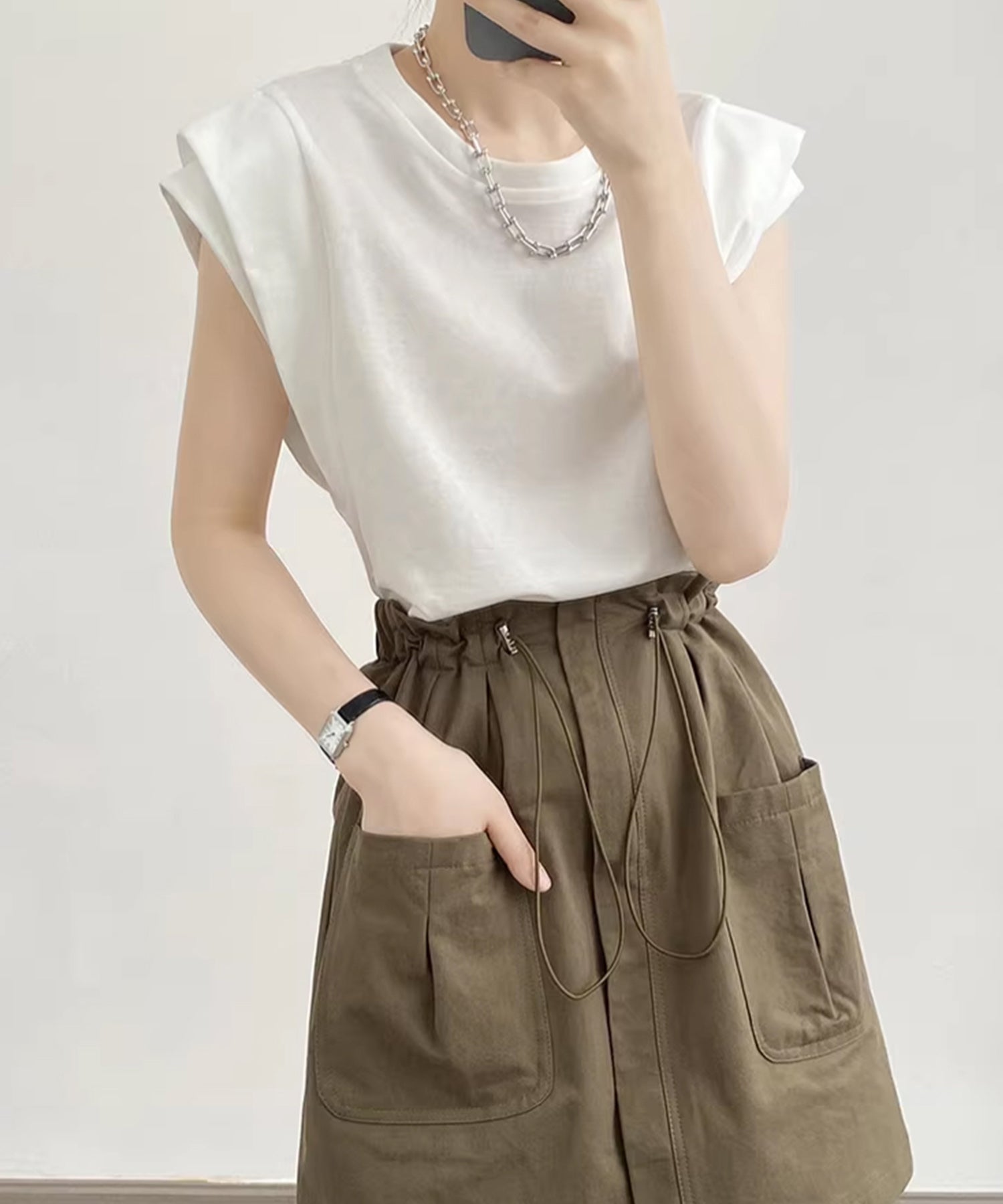 クルーネックダブルショルダーT シャツ。sdpal1019 ホワイト