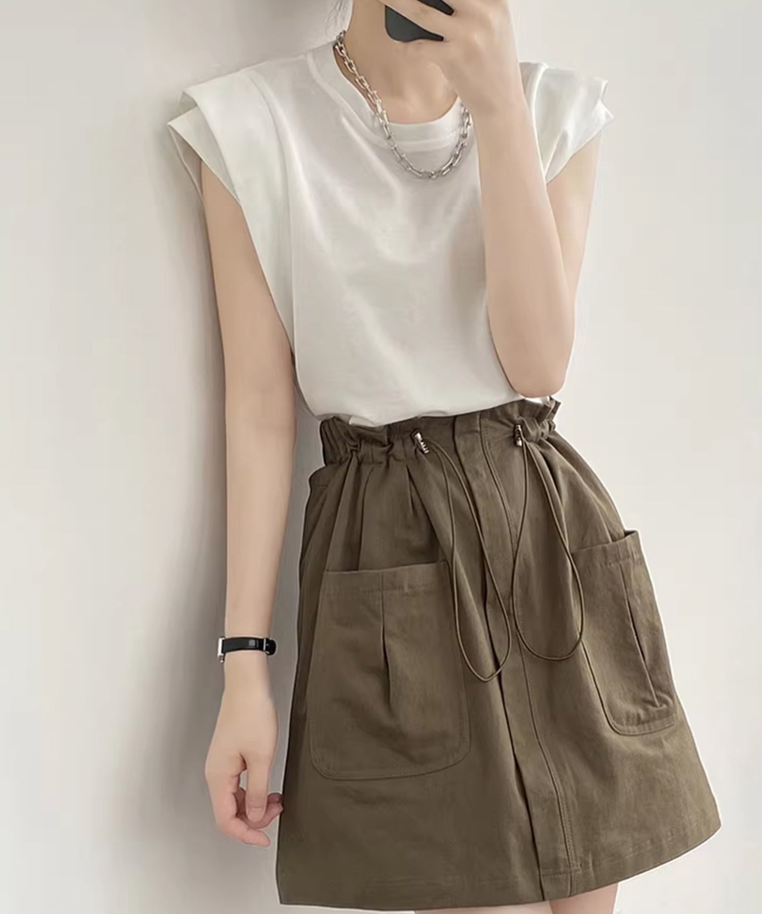 クルーネックダブルショルダーT シャツ。sdpal1019 ホワイト