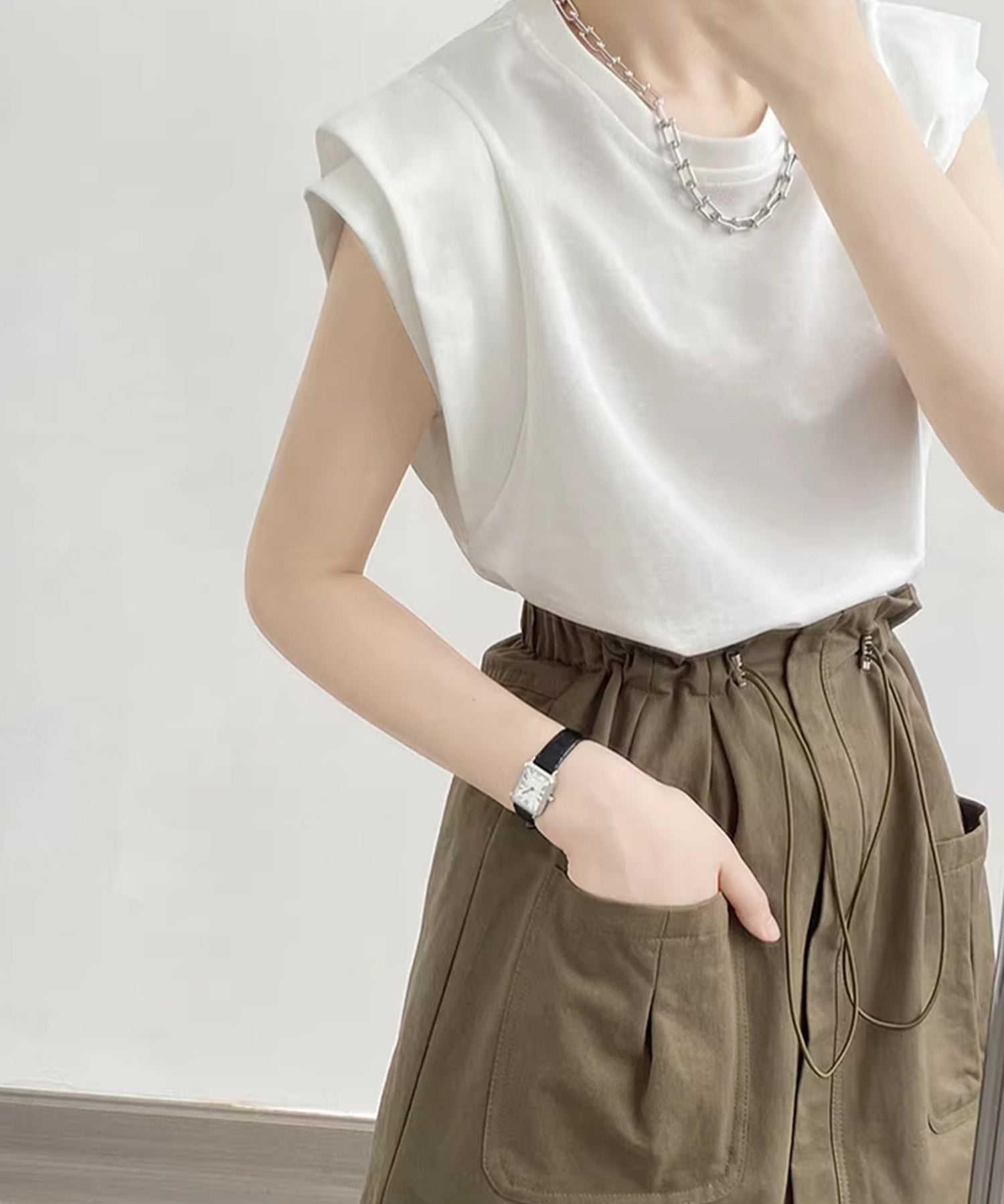 クルーネックダブルショルダーT シャツ。sdpal1019 ホワイト