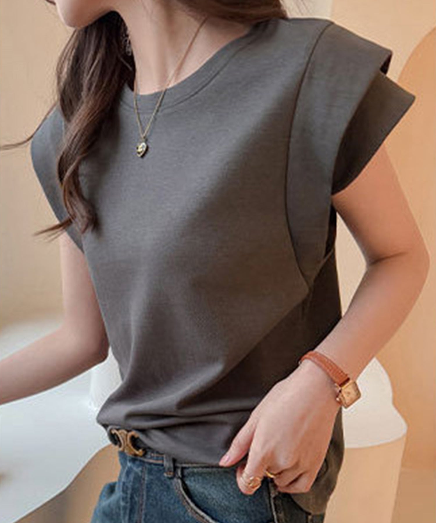 クルーネックダブルショルダーT シャツ。sdpal1019 チャコール