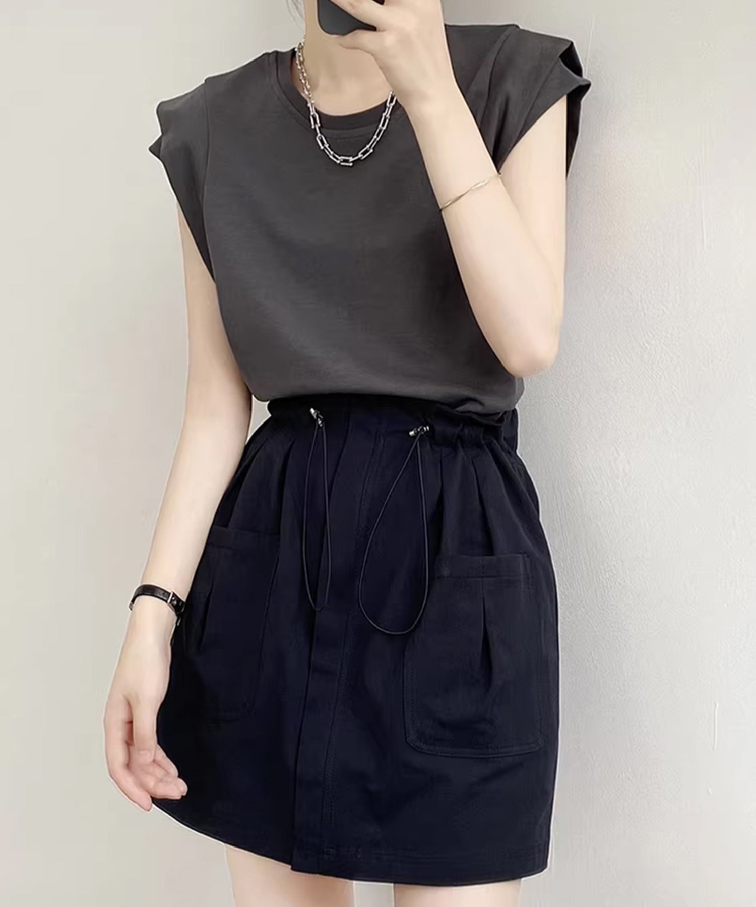 クルーネックダブルショルダーT シャツ。sdpal1019 チャコール