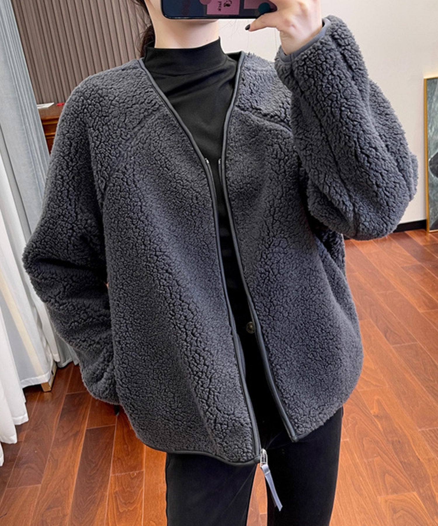 ノーカラーラグラン・スリーブボアブルゾンコート ｜ 全3色 × 3サイズ