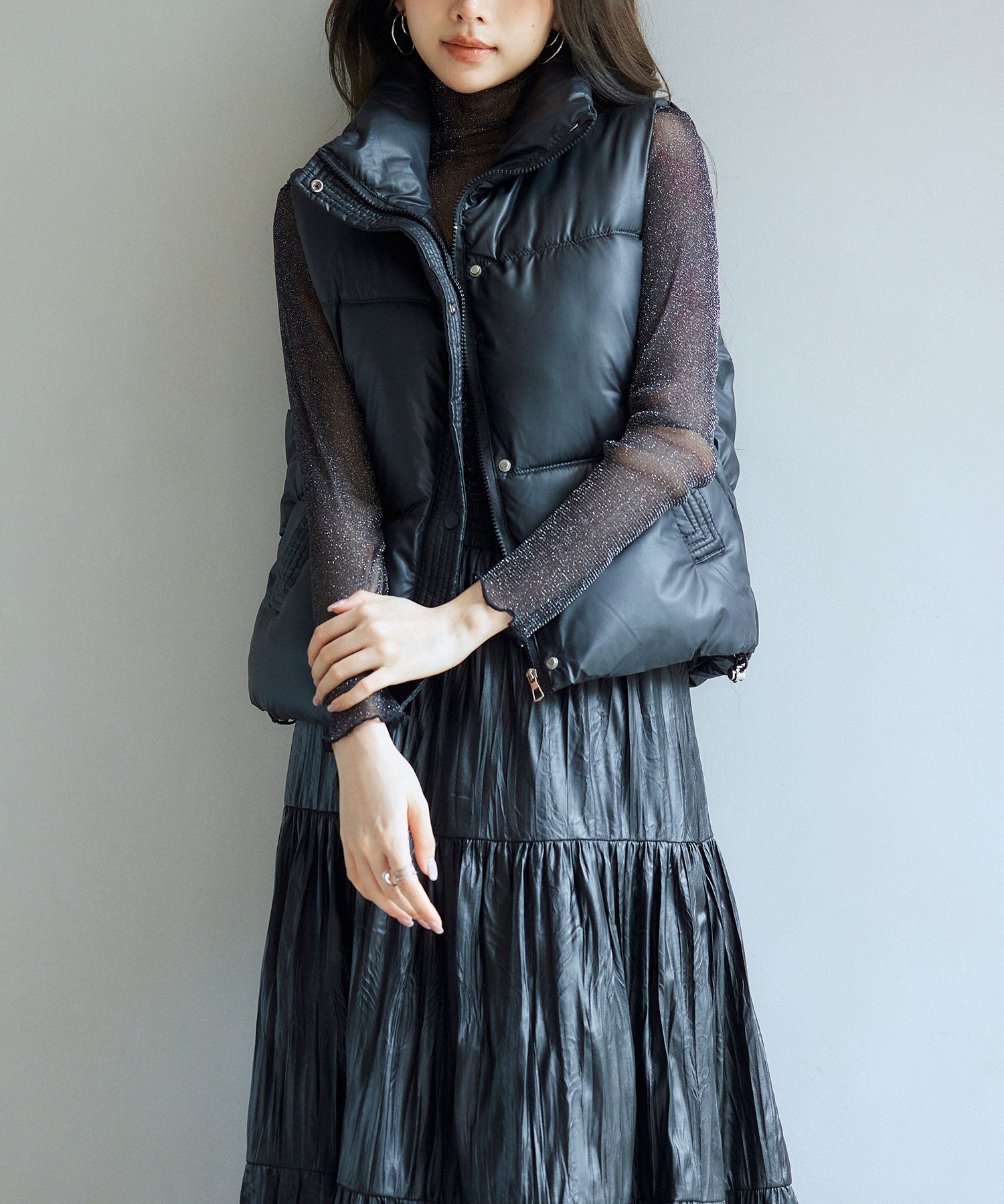 ドローストリング裾中綿ダウンベストsdpal9872 ブラック