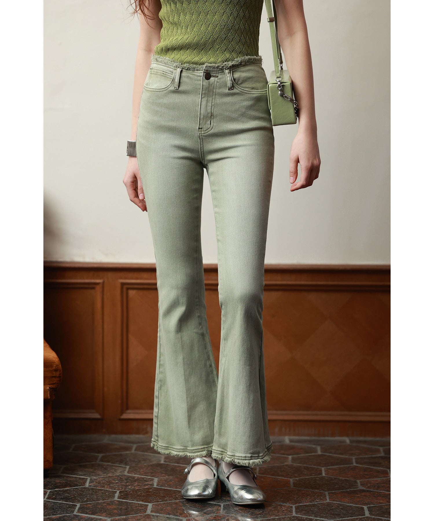 裾周り245cm 軽量 デミバフミンク ジュンコヤマモト フレア アメリカ製 ハイライズフレア裾フリンジデニムパンツsdpald12 グリーン – [公式