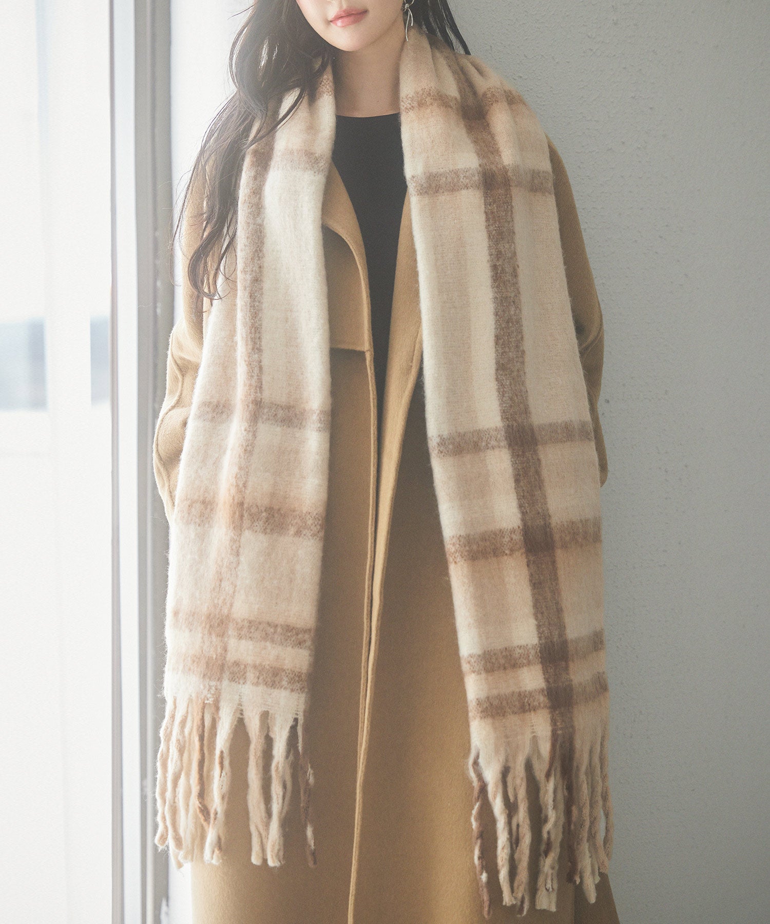 大判タイプなチェック柄マフラーsdpalywm04 ベージュ – [公式]SAISON