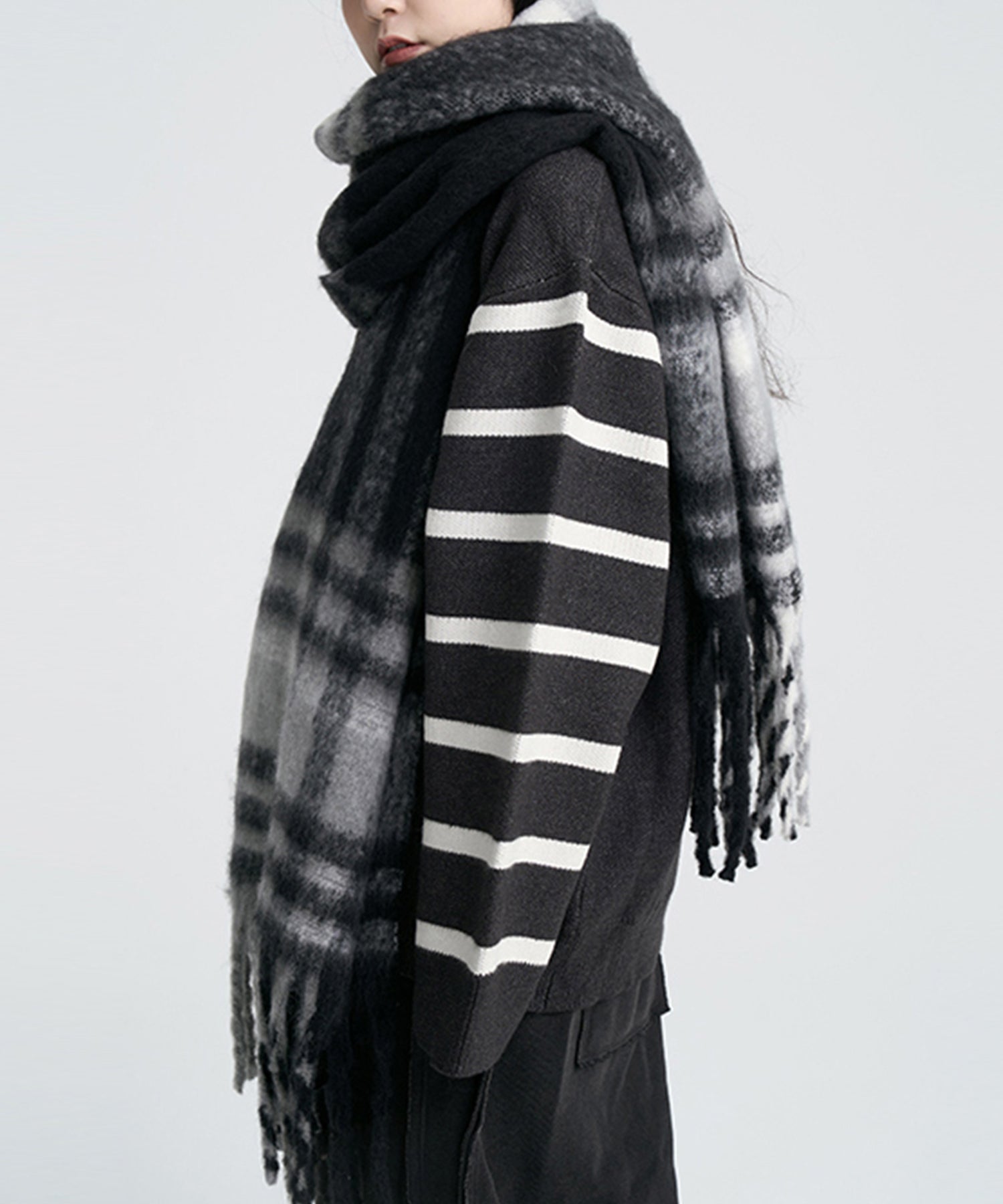 チェック柄マフラー グレー/ブラック. BLANC FICELLE マフラー ストール チェック柄 マフラー レディース