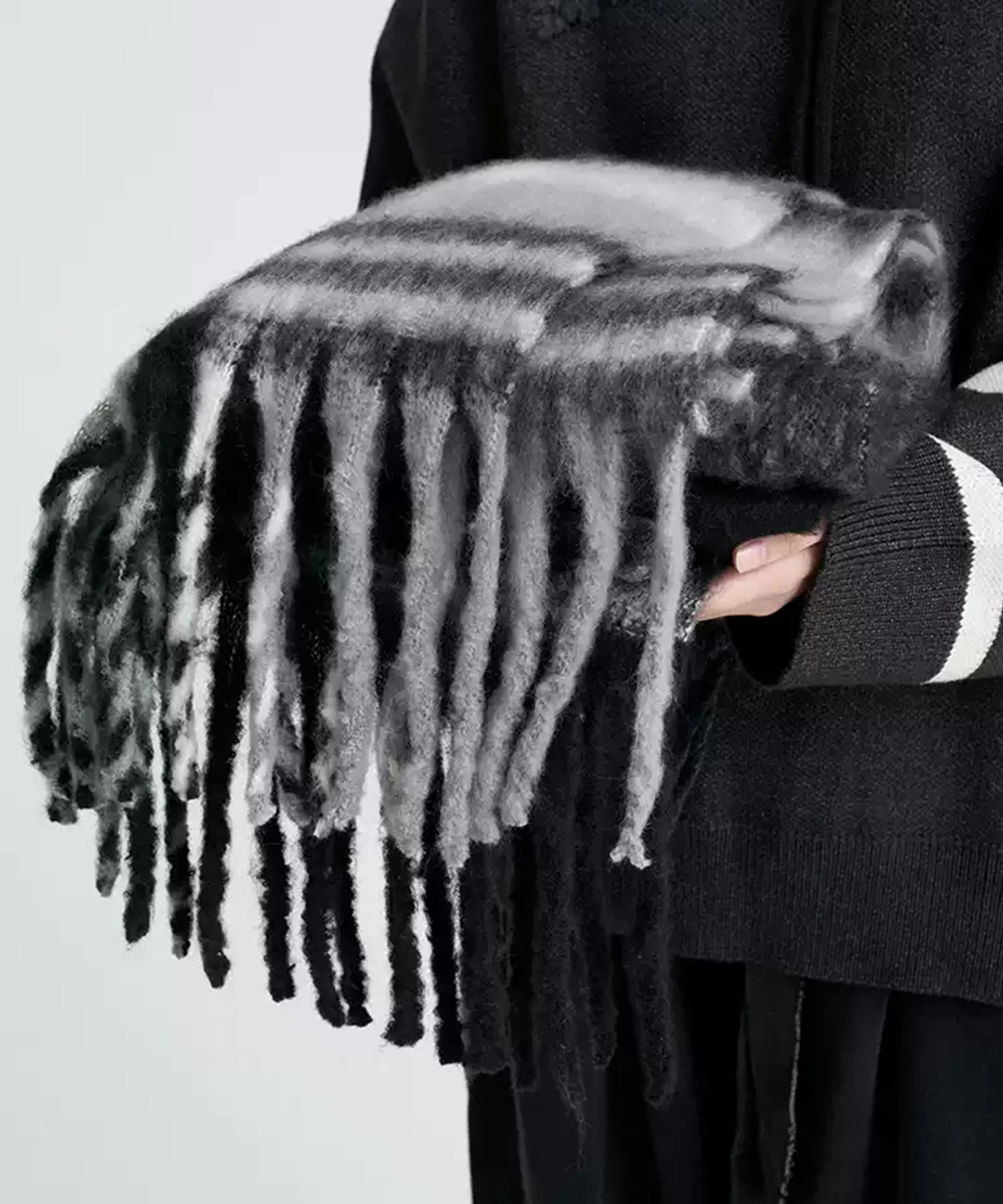 チェック柄マフラー ブラック/ホワイト*- ウールガーゼのストールマフラー チェック ブラック ホワイト