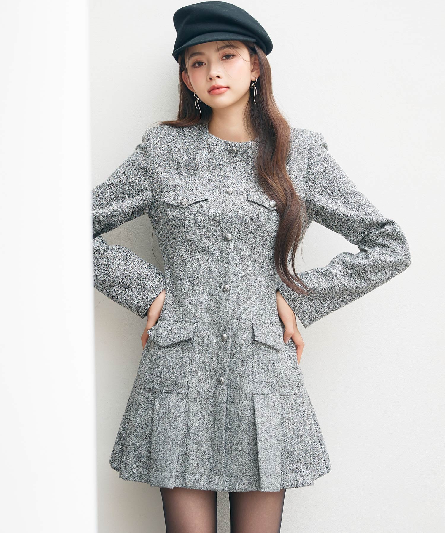 ローウエストミニ丈プリーツツイードワンピースsdpdy51985 グレー
