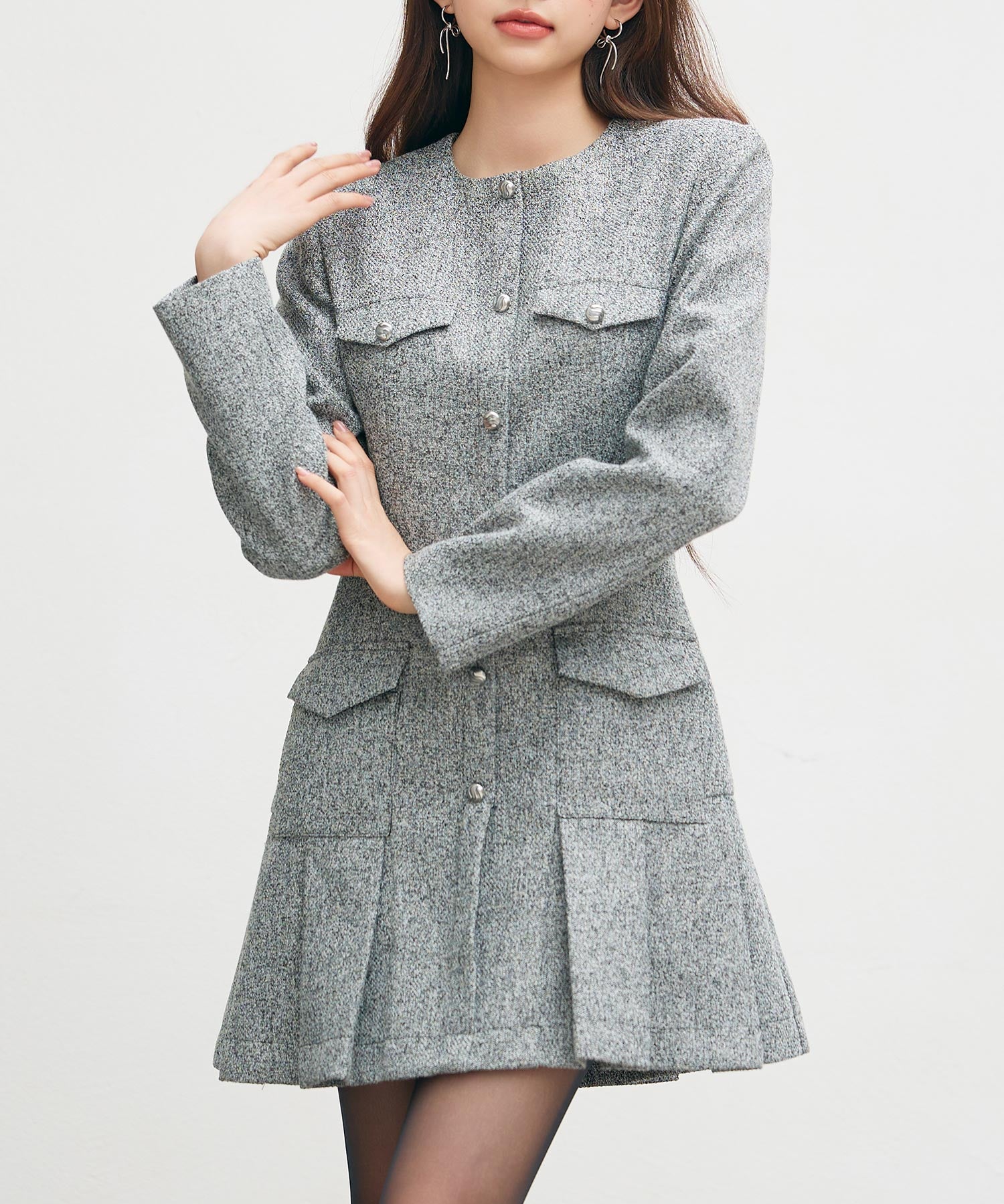 ローウエストミニ丈プリーツツイードワンピースsdpdy51985 グレー