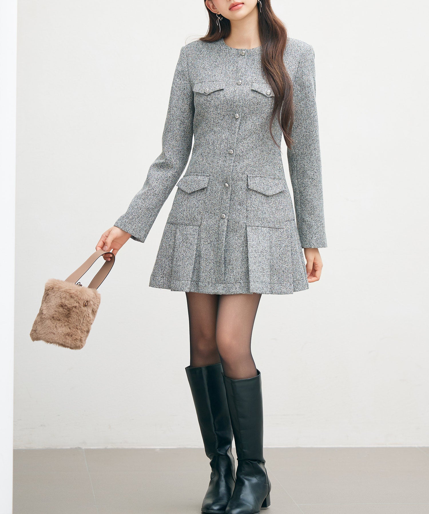 ローウエストミニ丈プリーツツイードワンピースsdpdy51985 グレー