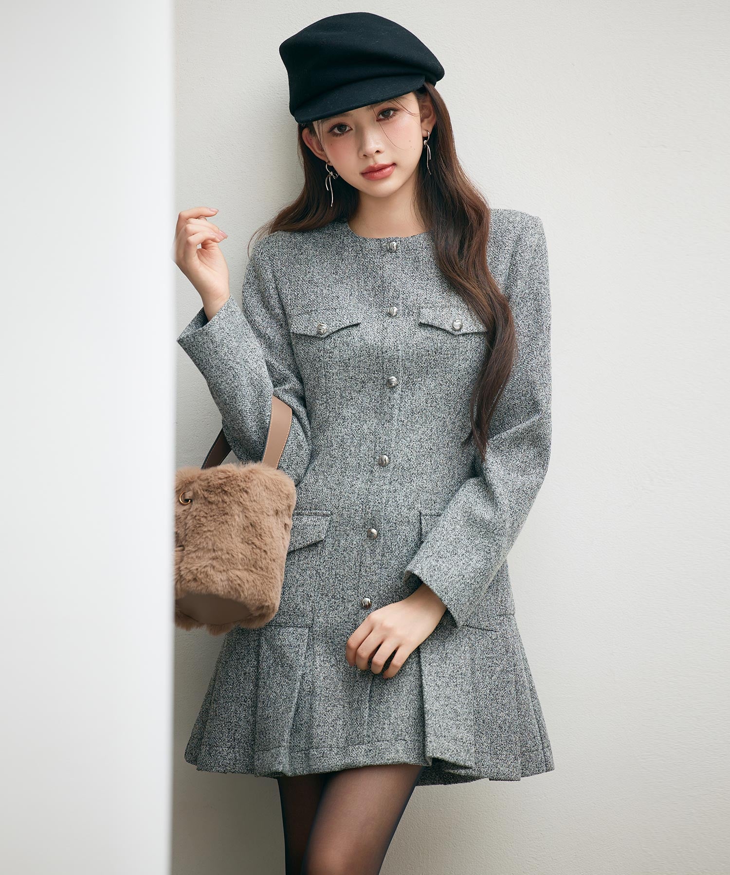 ローウエストミニ丈プリーツツイードワンピースsdpdy51985 グレー
