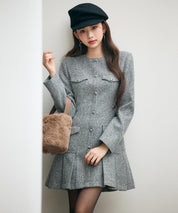 ローウエストミニ丈プリーツツイードワンピースsdpdy51985 グレー