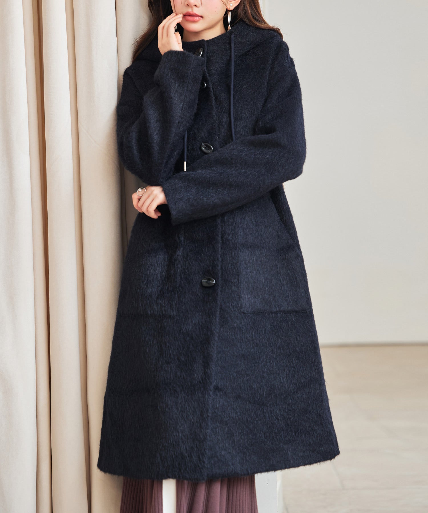 シャギーフード付きロングコートsdpdy5369 ネイビー