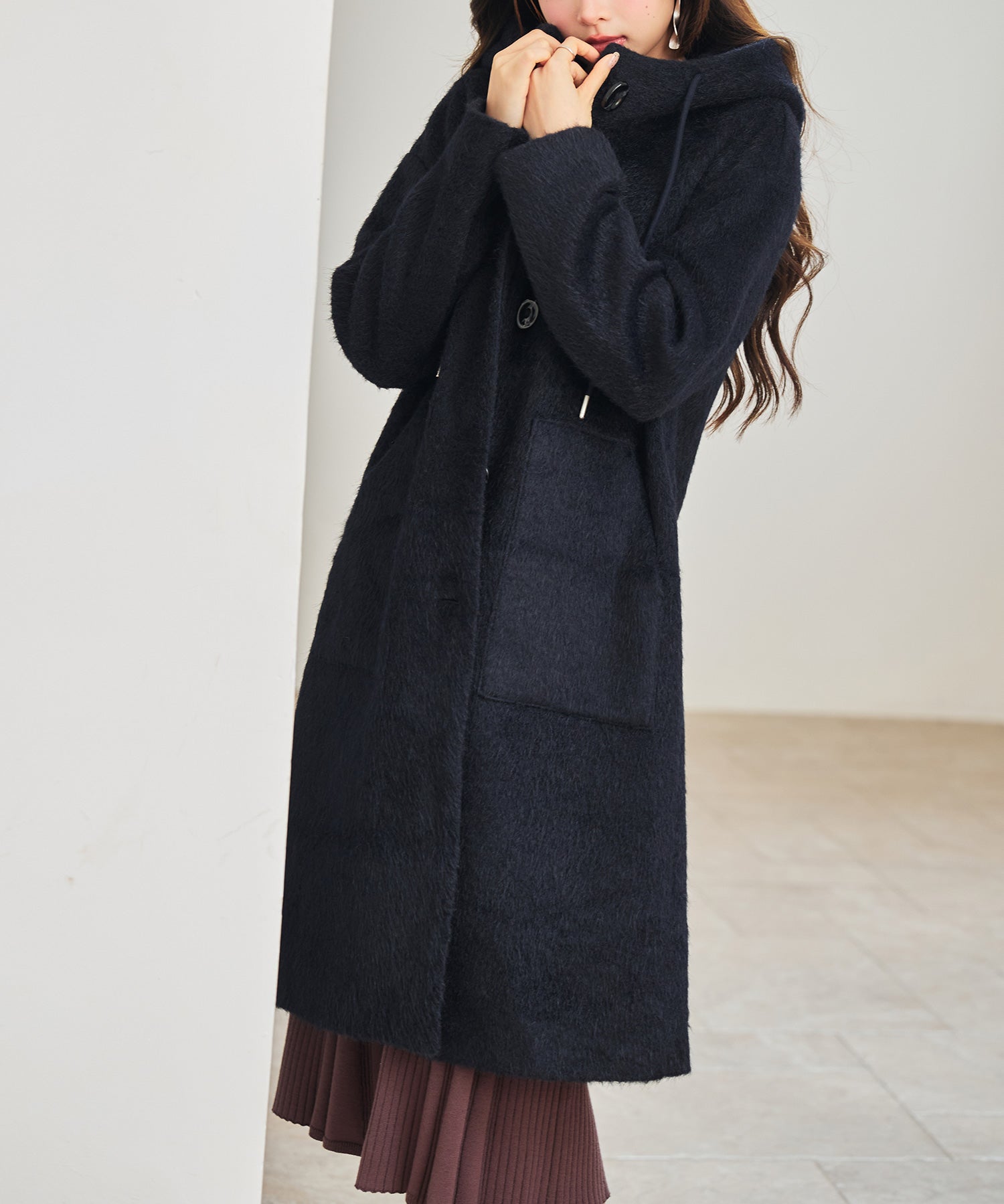 シャギーフード付きロングコートsdpdy5369 ネイビー
