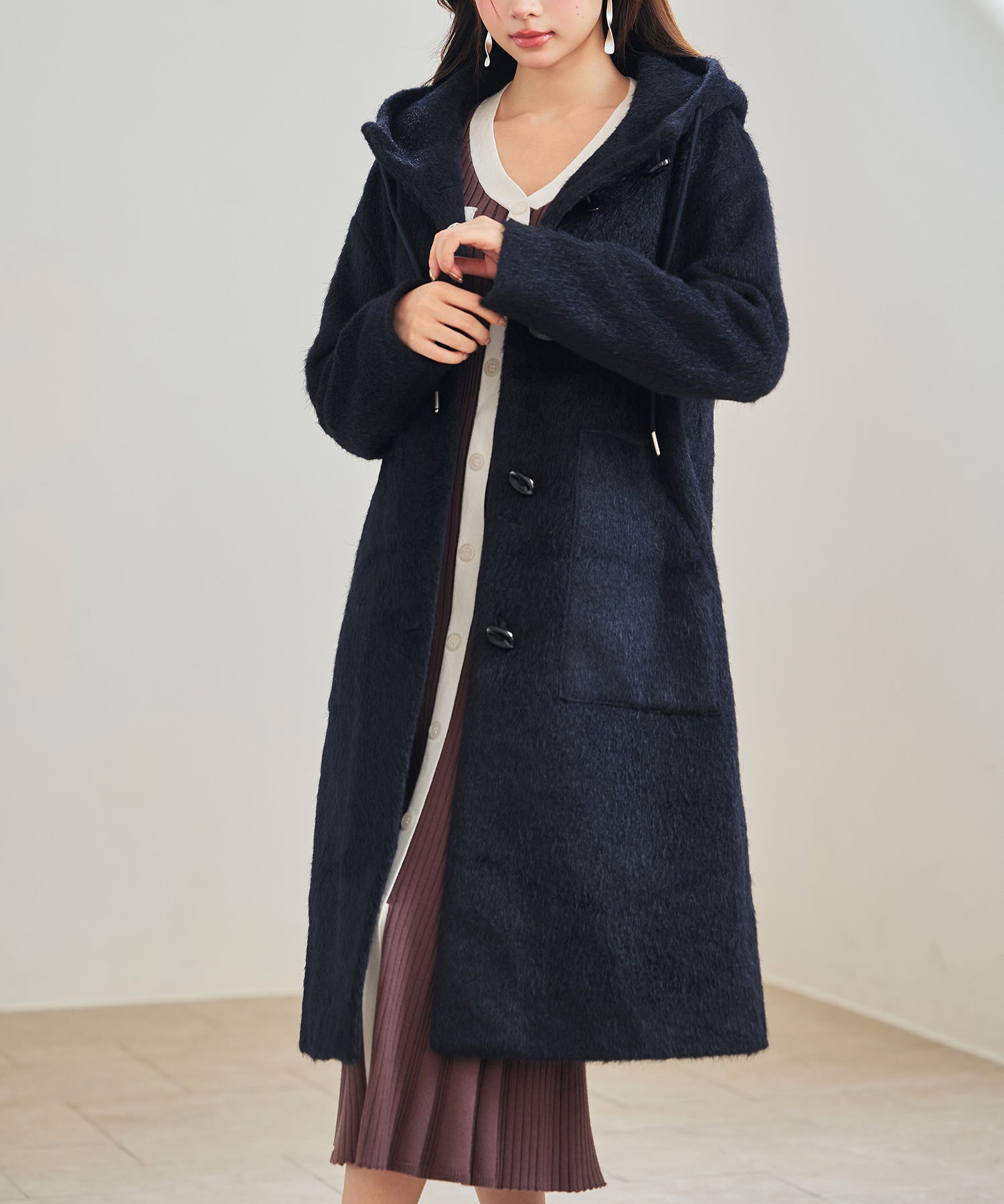 シャギーフード付きロングコートsdpdy5369 ネイビー