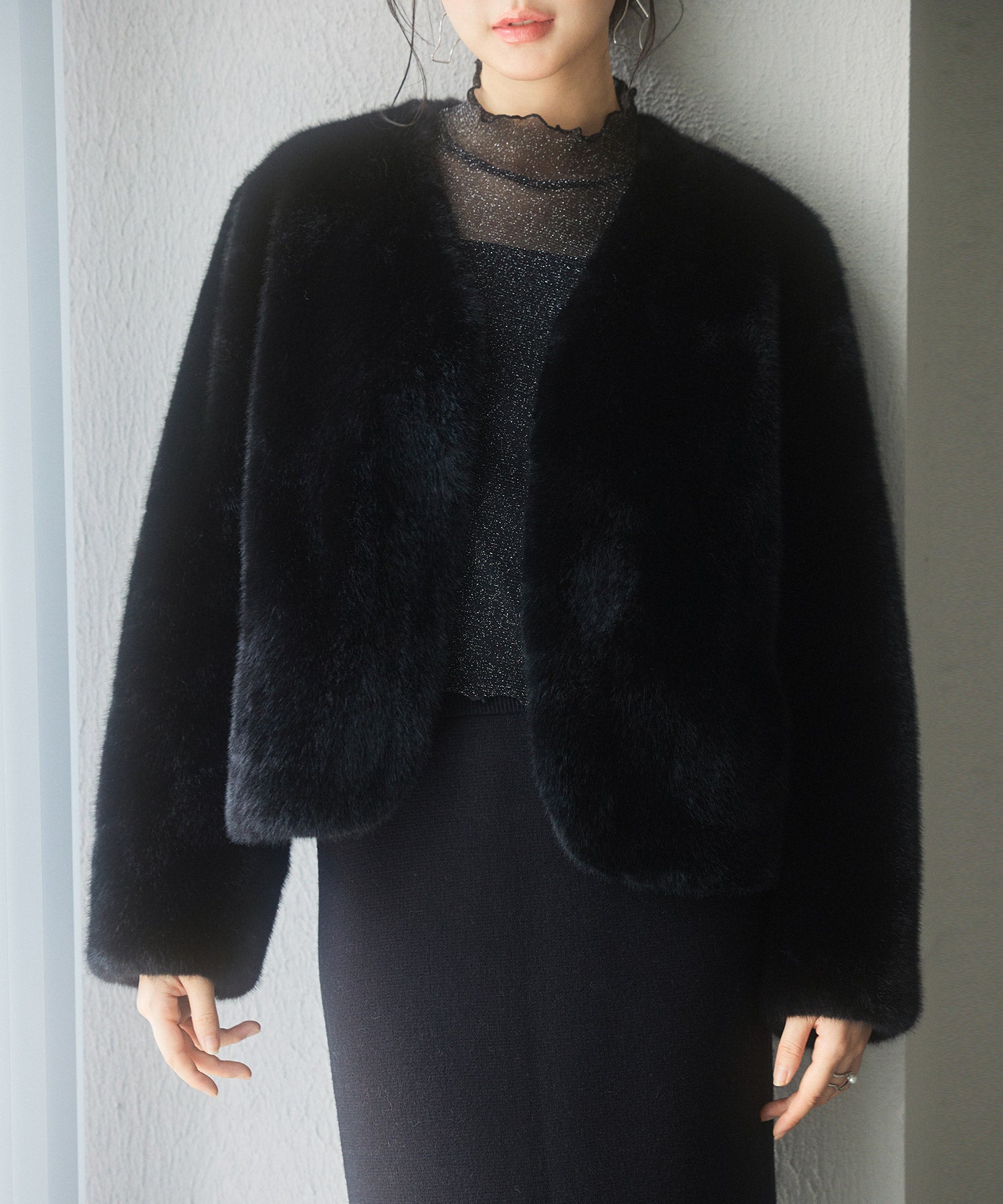 もこもこフェイクファーノーカラージャケットsdpps0625 ブラック