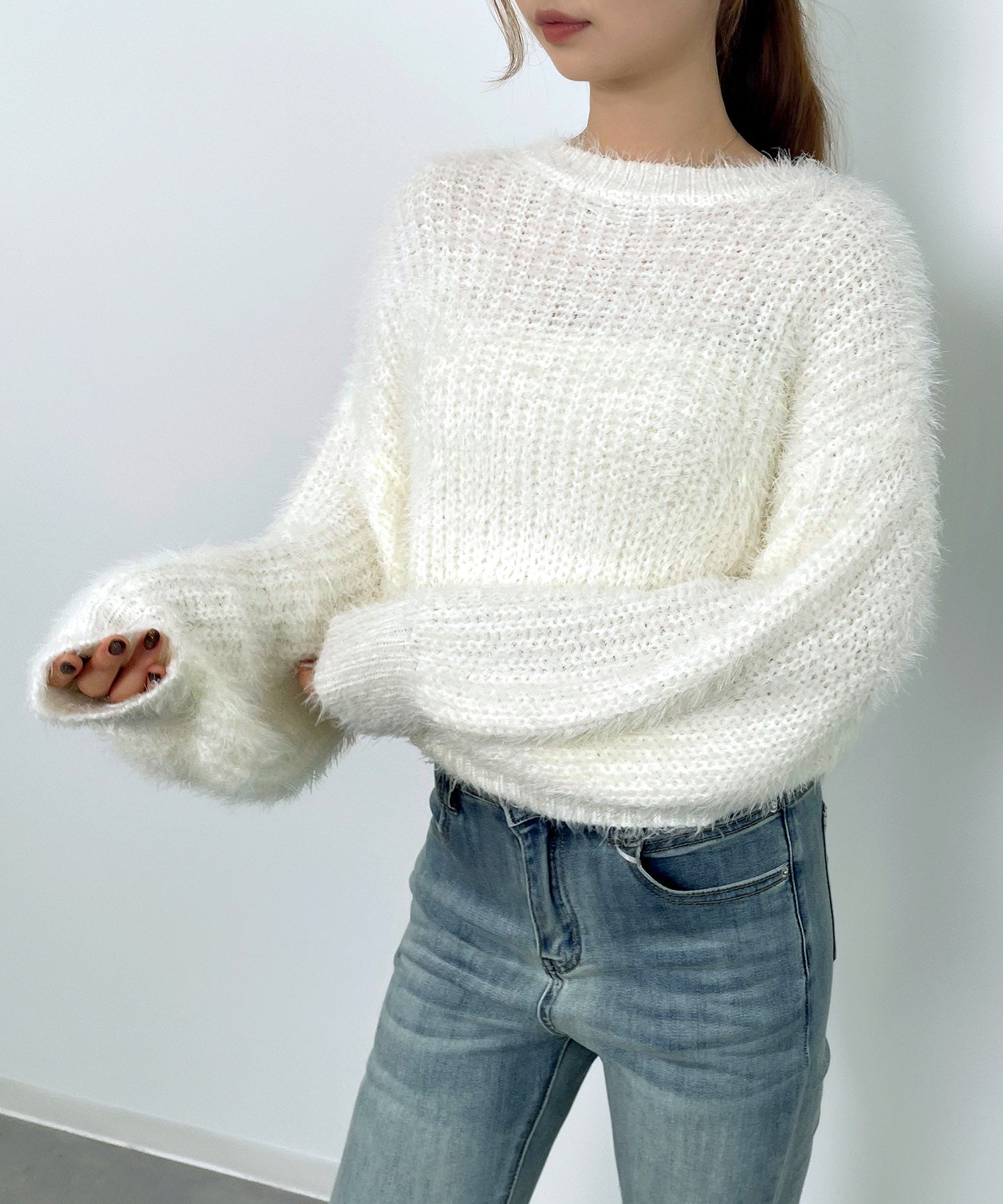 ラウンドネックショート丈光沢フェザーニットsdprb1052 アイボリー