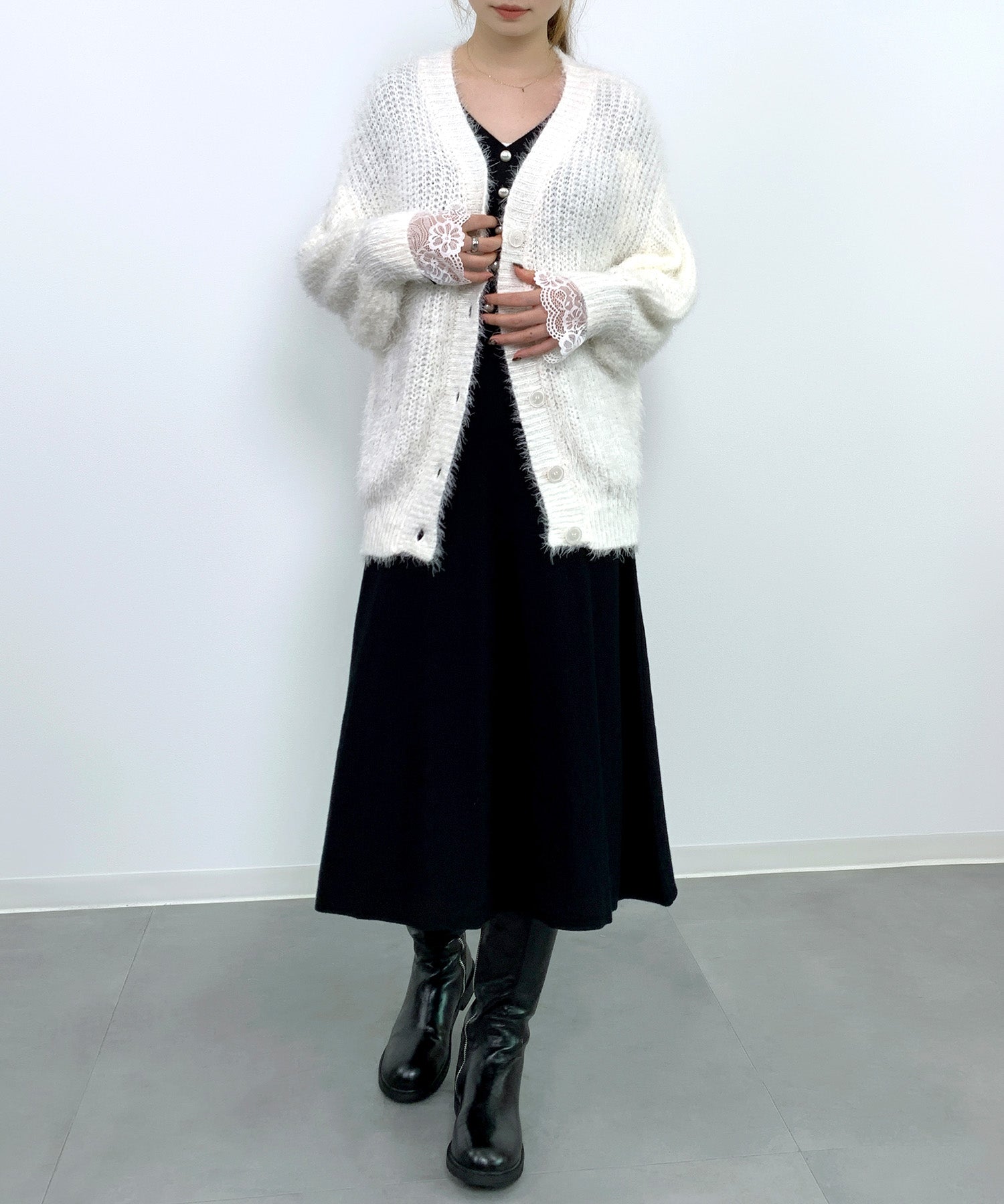 光沢フェザーVネックミドル丈カーディガンsdprb1053 アイボリー