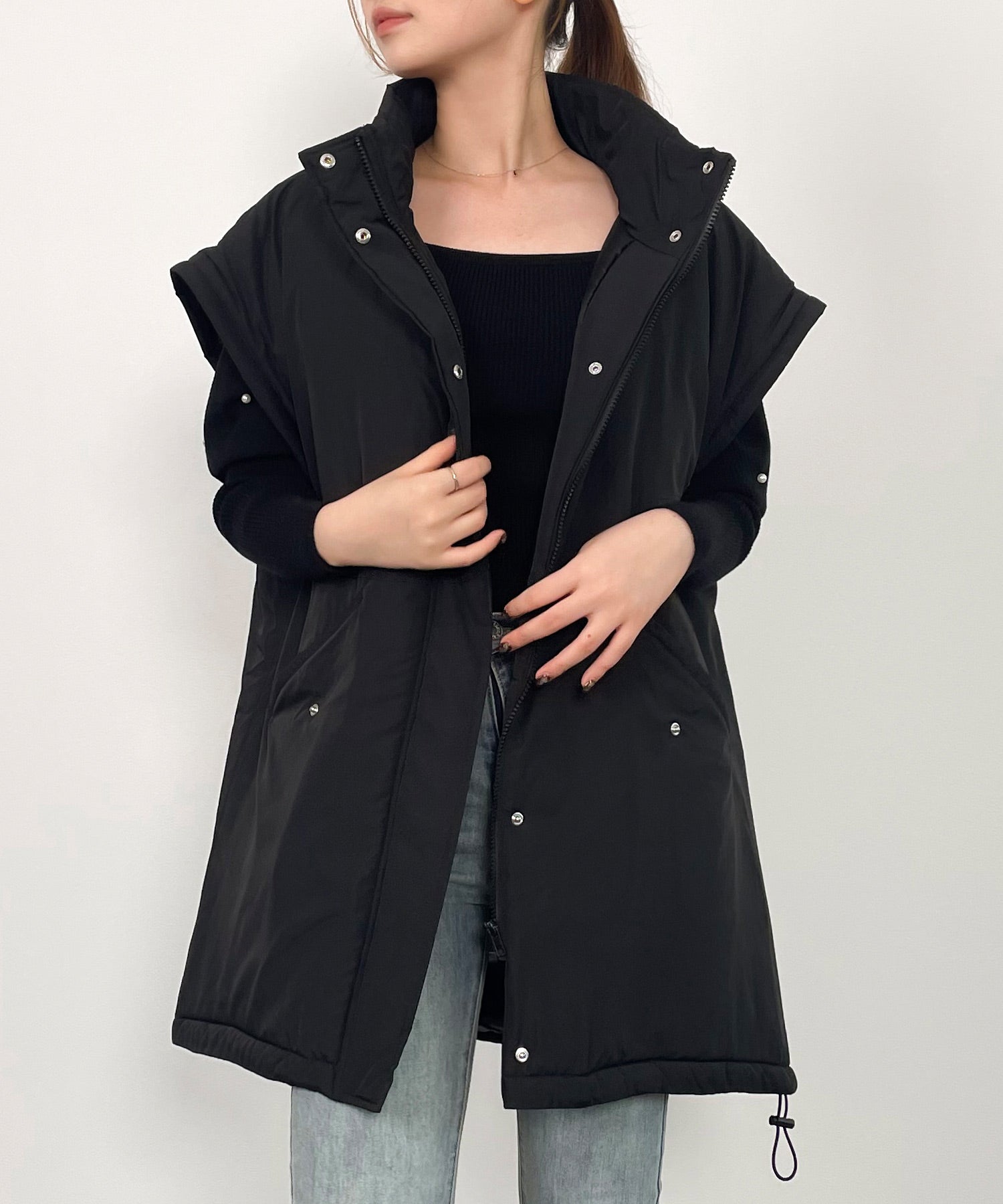 ★パピヨン★ 2way袖取り外しスタンドカラーコート/ベストsdprb8148 ブラック