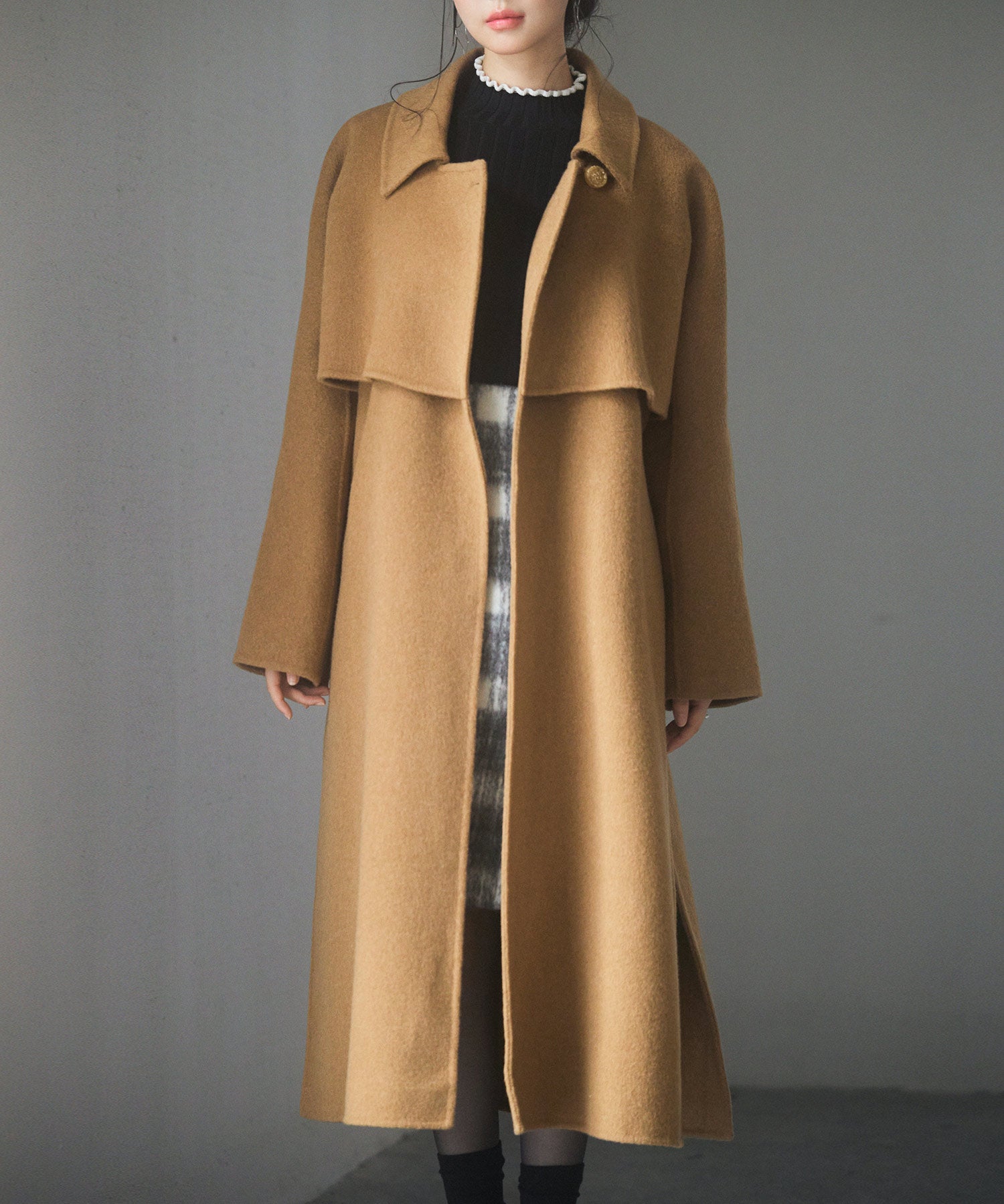 ウール混ベルト付きヨークデザインコートsdpsy001 ブラウン