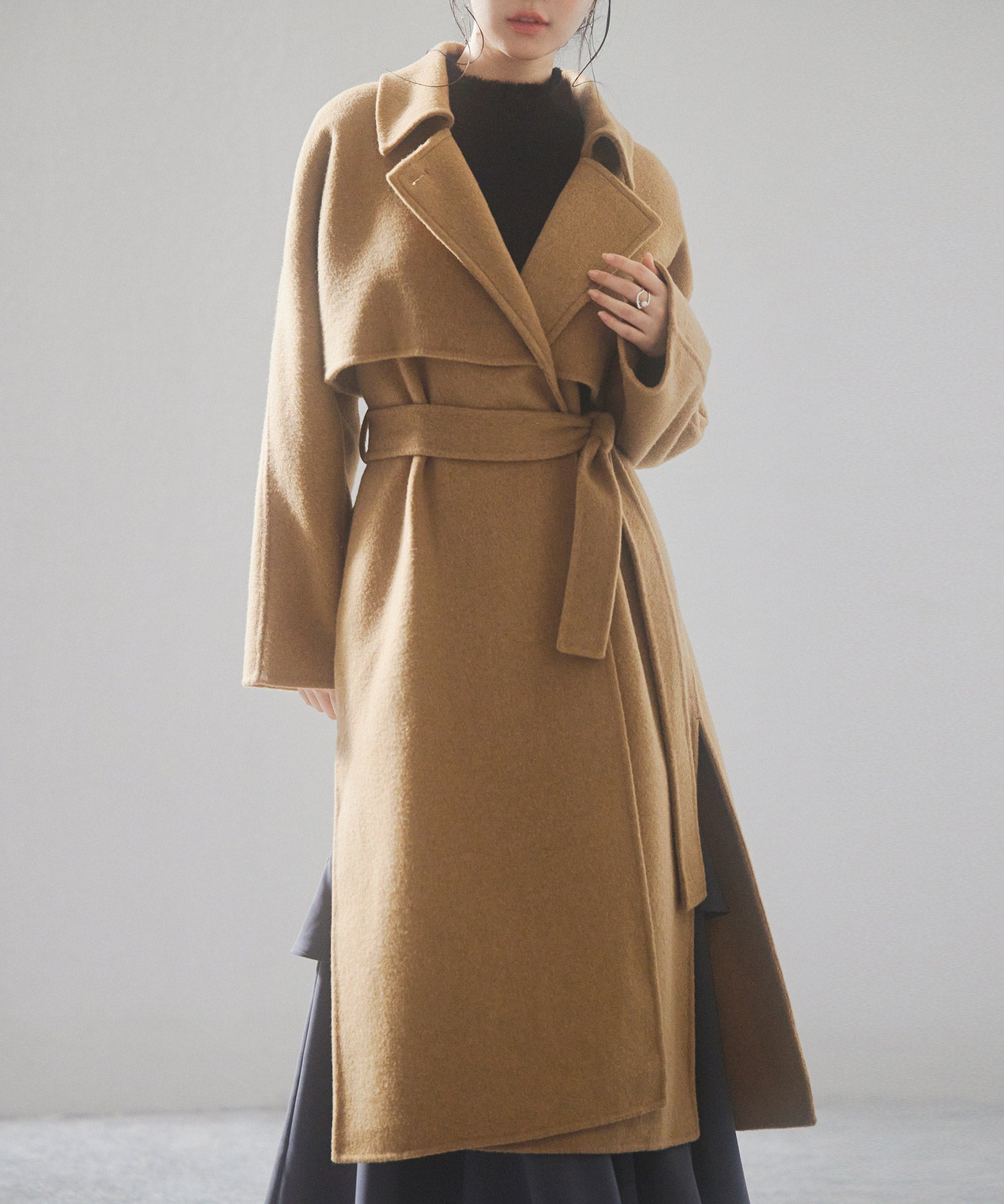 ウール混ベルト付きヨークデザインコートsdpsy001 ブラウン