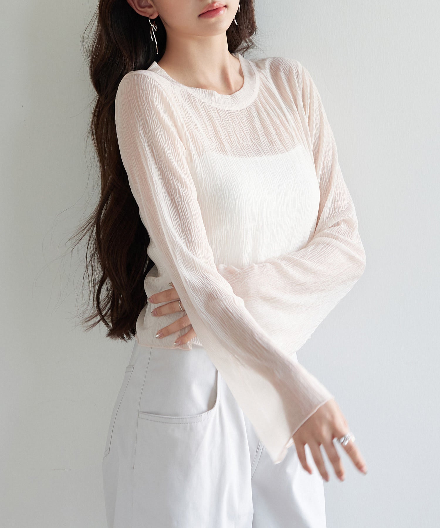 フレアスリーブショート丈シアートップス sdpsy003 ピンクベージュ