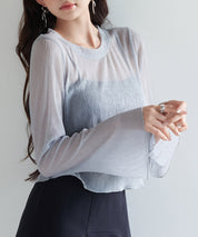 一枚でもインナーでもヘビロテまちがいなしのシアー感トップ、フレアスリーブ フレアトップス ｜ 春夏にぴったり、全4色 × 2サイズ