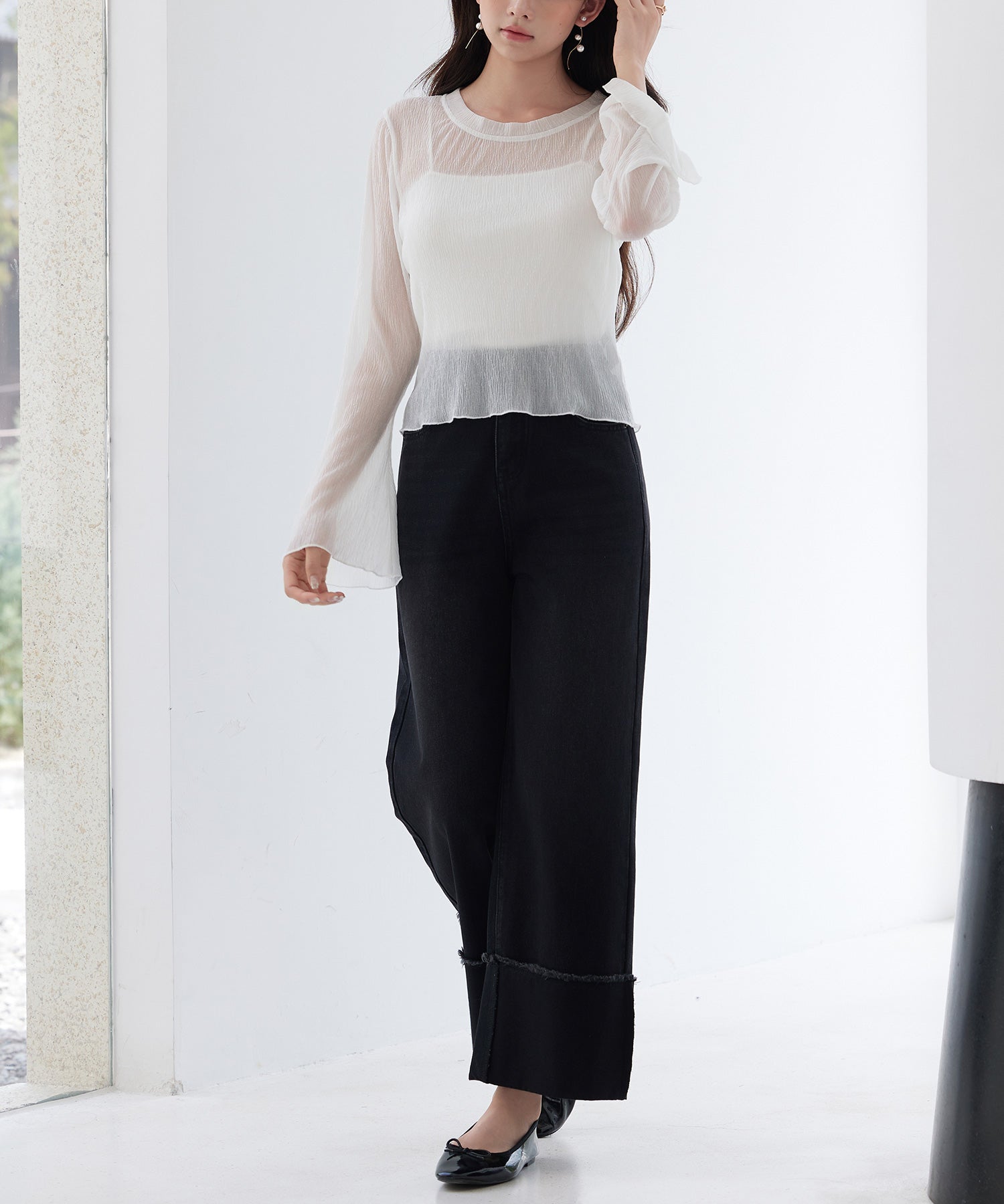 フレアスリーブショート丈シアートップス sdpsy003 ホワイト